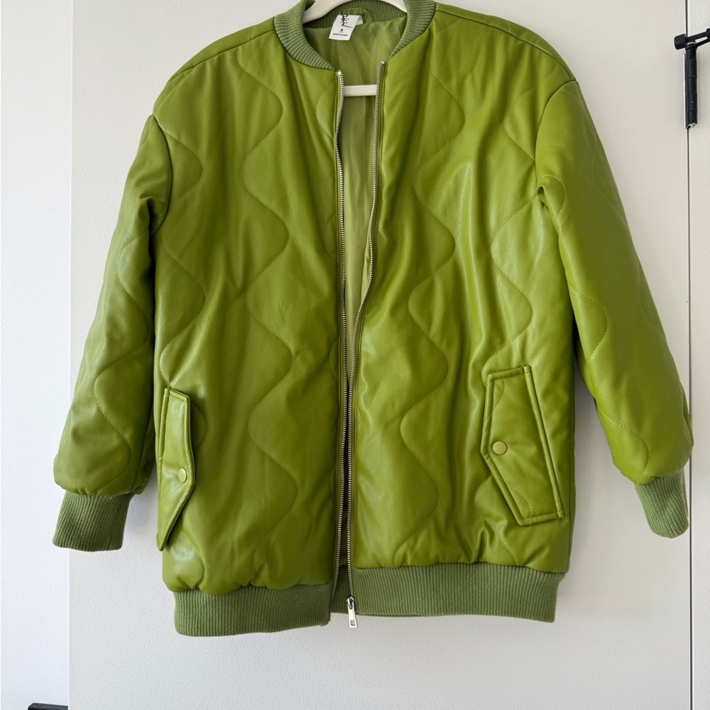 Green faux leather quilted bomber jacket
